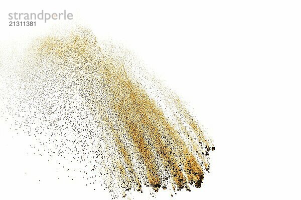 Freeze motion of brown dust explosion. Stopping the movement of brown powder. Explosive brown powder on white background