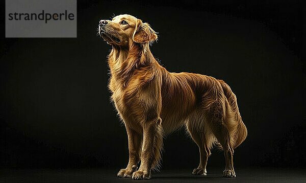 A brown dog stands in front of a black background. The dog is looking up  possibly at something in the distance. The image has a calm and peaceful mood  with the dog being the main focus AI generated