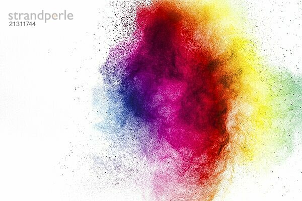 Freeze motion of colored powder explosions isolated on white background.Color dust particle splattered on background