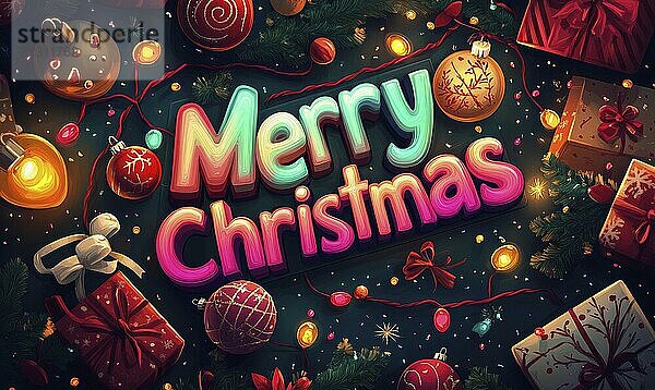 Merry Christmas is written in a colorful font on a black background. A variety of Christmas decorations  including ornaments  lights  and boxes. Scene is festive and joyful AI generated