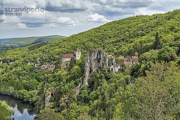 View of Saint-Cirq-Lapopie with rock  France  Europe