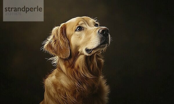 A brown dog with long hair is looking at the camera. The dog is standing in front of a dark background AI generated