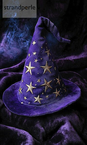 Purple hat with star motifs on a velvet surface with smoke and a dark background  imparting a magical aura AI generated