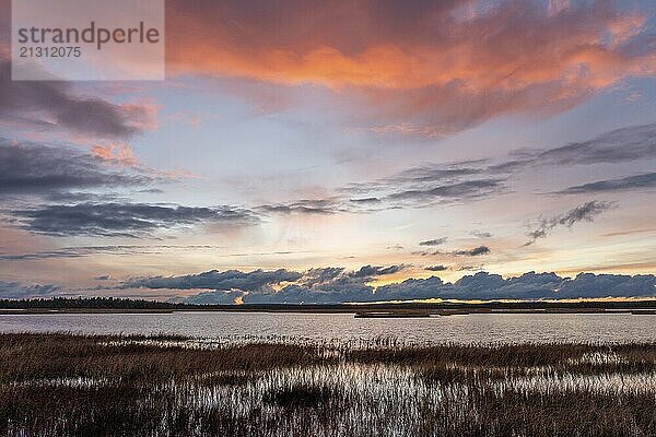 Sunset  drone shot  aerial view  lakes  moor landscape  Lapland  Finland  Europe