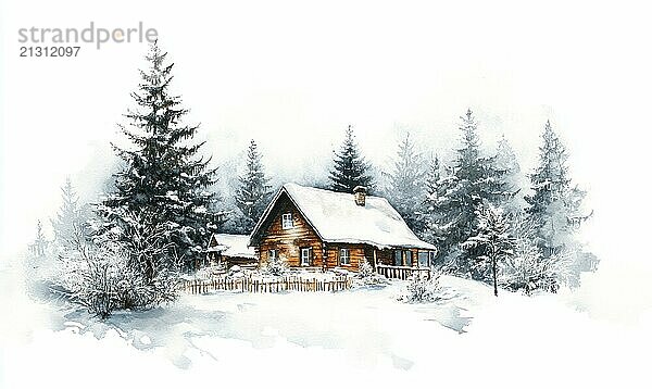 A cabin in the woods with a white background. The cabin is surrounded by trees and snow AI generated