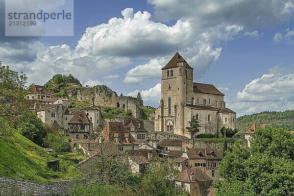 View of Saint-Cirq-Lapopie village with catholic church  France  Europe