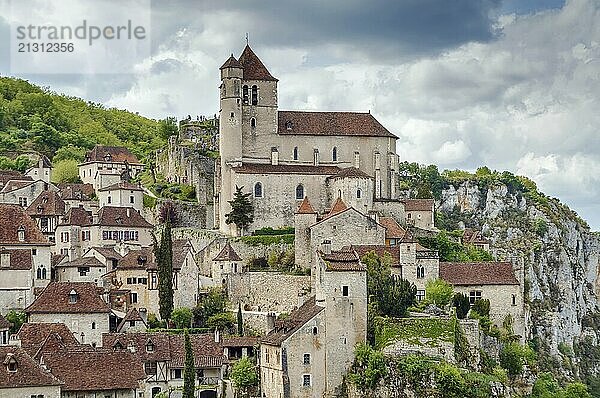 View of Saint-Cirq-Lapopie village with catholic church  France  Europe