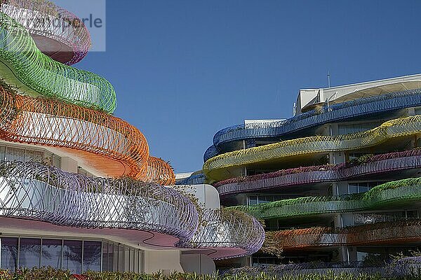 Ibiza  Spain  1 February  2024: view of the landmark modern architecture Miramar residence and apartments in downtown Eivissa  Europe