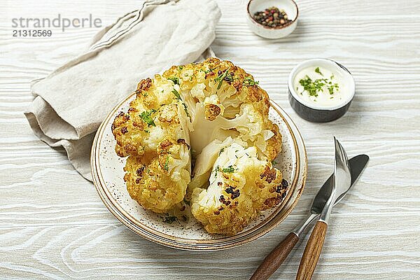 Whole roasted head of cauliflower with olive oil on plate on white wooden rustic table top view with cutlery. Vegetarian dish  food photography  food photography