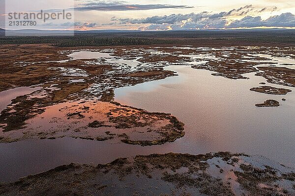 Sunset  drone shot  aerial view  lakes  moor landscape  Lapland  Finland  Europe