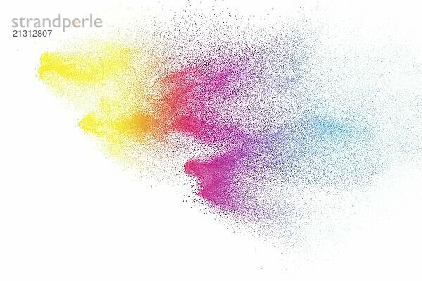 Abstract color powder explosion on white background.Freeze motion of dust splash. Painted Holi in festival