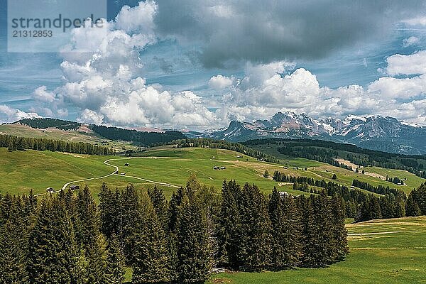 Panoramic view from the Seiser Alm to the Dolomites in Italy  drone shot