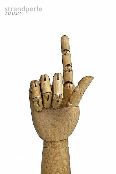 Artificial hand made of wood  in front of a white background