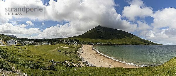 Panorama view of Dugort Beach and Doogort village on Achill Island in County Mayo of western Ireland