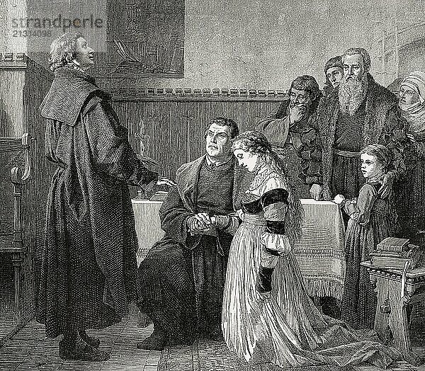 Martin Luther's marriage with Katharina von Bora  1525  from the left: parish priest Bugenhagen  on the right side witness Dr. Jonas  Abel and the painter Lucas Cranach