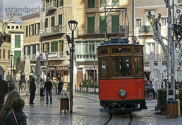 Soller  Spain  31 January  2024: view of the historic Soller tram in the old town center of the mountain town in northern Mallorca  Europe