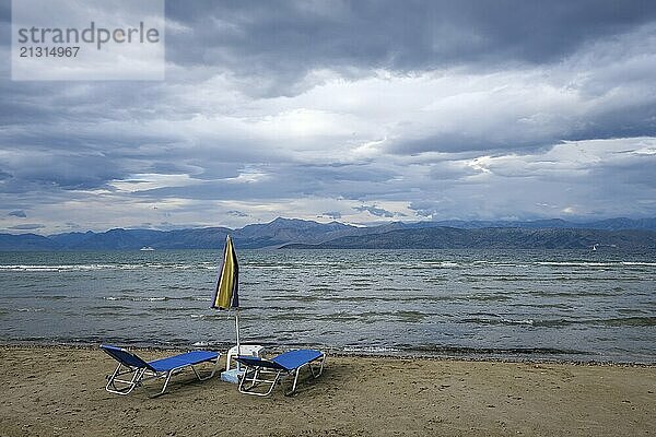 Kalamaki  Corfu  Greece  View from Kalamaki beach in the north-east of the Greek island of Corfu over the Ionian Sea towards mainland Albania  Europe