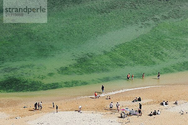 Island of Re  France  August 7  2018: High angle view of crowded beach in the Island of Re. Beautiful sunny summer day on the coast  Europe