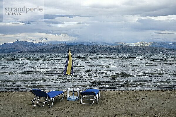 Kalamaki  Corfu  Greece  View from Kalamaki beach in the north-east of the Greek island of Corfu over the Ionian Sea towards mainland Albania  Europe