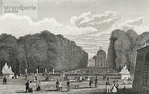 Garden of the Tuileries Palace  Paris  antique steel engraved print  1831