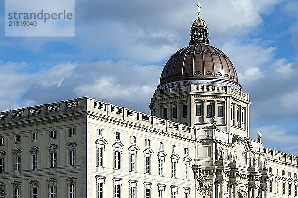 19.02.2022  Berlin  Germany  Europe  View of the Humboldt Forum in the rebuilt Berlin Palace on Museum Island in the Mitte district with western facade view and dome building  Europe