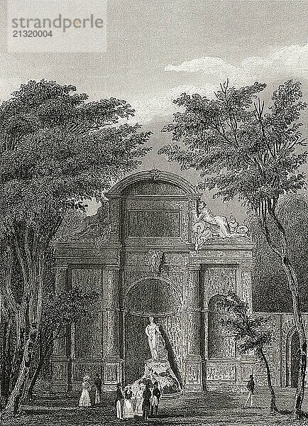 Parc de Saint-Cloud  near Paris  antique steel engraved print  1831