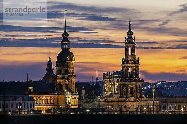 The historic old town of Dresden on the river Elbe with Ständehaus  Residenzschloss and Hofkirche. behind the collapsed Carolabrücke  Dresden silhouette in the evening  Dresden  Saxony  Germany  Europe