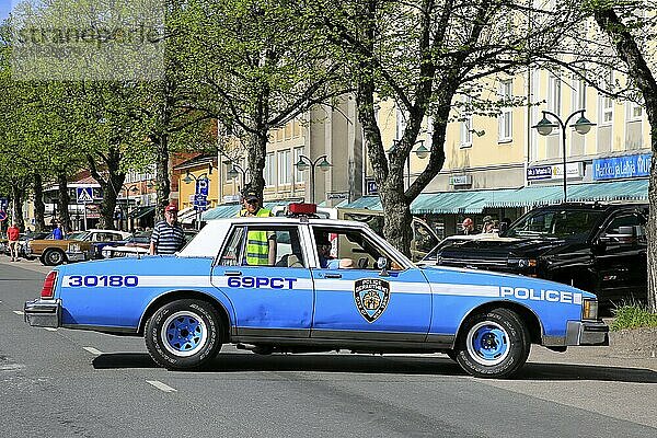 Salo  Finland. May 18  2019. Late70s or early 80s Oldsmobile City of NY Police Department police car on the street. Salon Maisema Cruising 2019