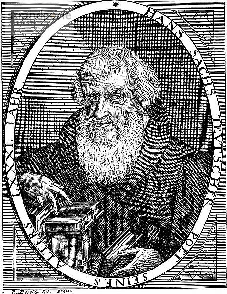 Master singer and poet Hans Sachs (1494-1576)  portrait of an 80-year-old man  several books  volumes of poetry  long beard  contentment  historical illustration 1892