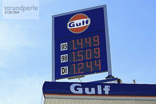 MASKU  FINLAND  JUNE 3  2017: Gulf fuel station sign with gas and diesel prices against blue sky at unmanned petrol station of Masku in South of Finland