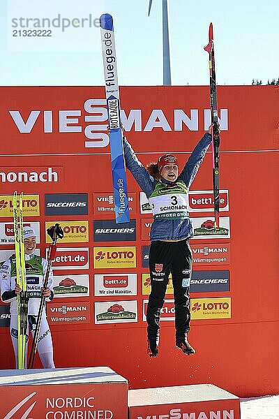 Jumping for joy: Nathalie Armbruster (SZ Kniebis) at the winners' presentation at the FIS Nordic Combined World Cup Schonach 2024