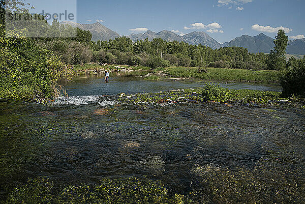 A crystal clear spring emerges from the greenery and joins a river