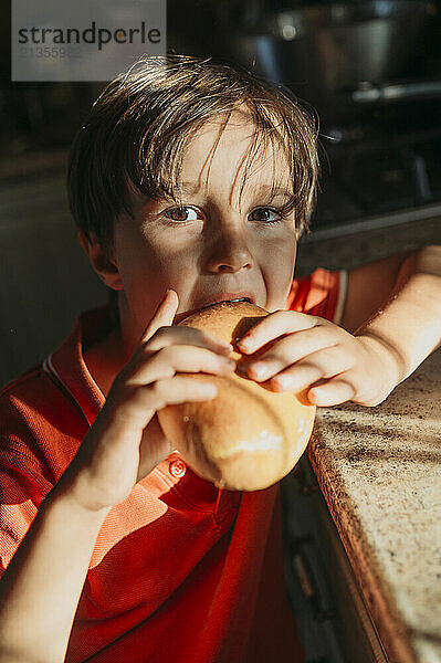 Boy eating pie in kitchen at home