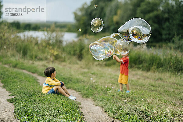 Brothers playing with soap bubbles in field