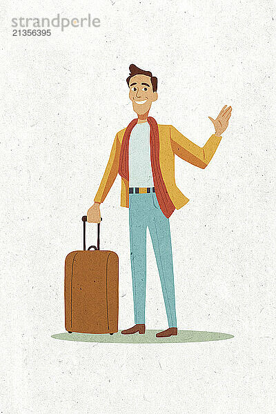 Happy man waving and standing with suitcase