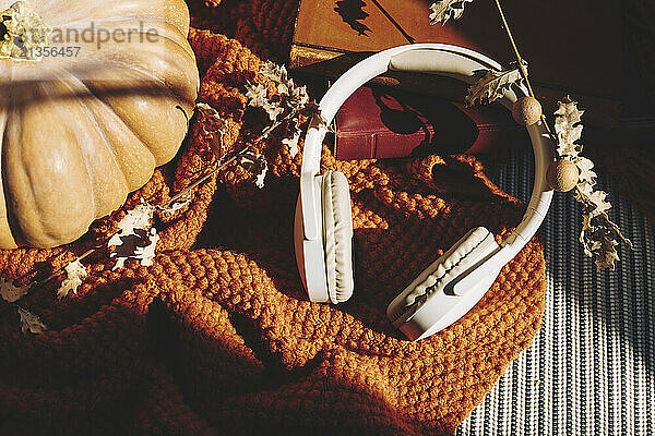 Wireless headphones with pumpkin and branches kept on blanket