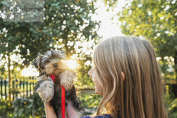 Girl holding Yorkshire Terrier dog at sunny day