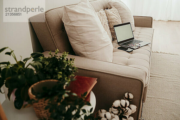 Home interior of laptop and smart phone on sofa near plants