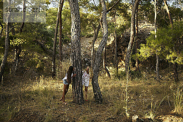 Mother and daughter standing around tree in forest at sunset