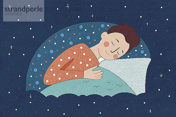 Man sleeping on bed surrounded by starry sky at night