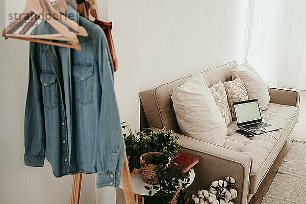 Home interior of laptop on sofa near plants and clothes rack