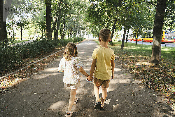 Brother and sister holding hands and walking together in park