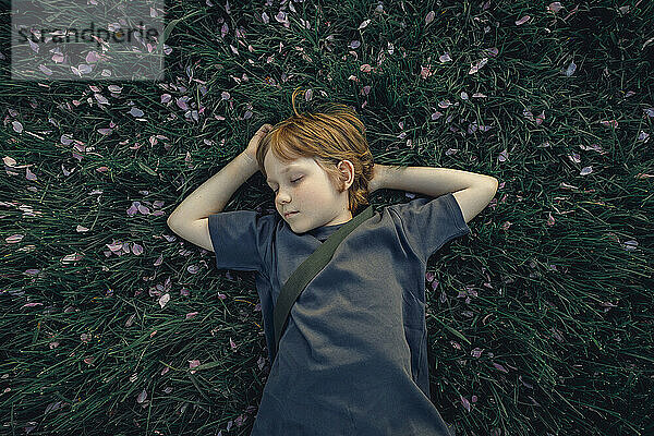 Boy relaxing on grass with sakura flower petals