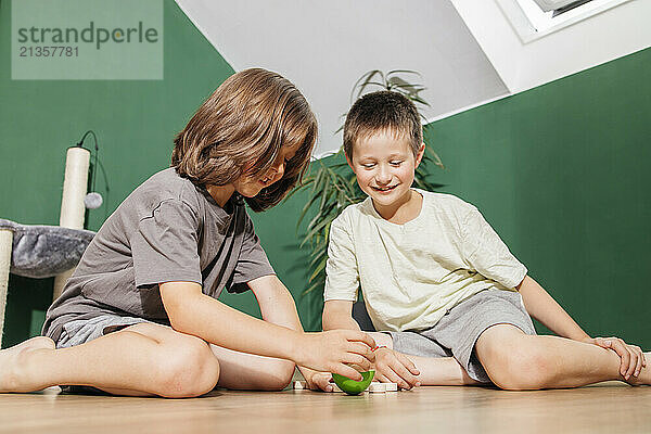 Smiling brothers playing together on floor at home