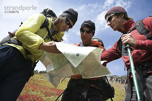 Three lost backpackers examine map.