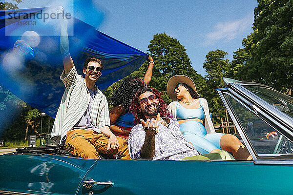 Portrait of smiling man enjoying with male and female friends while sitting in car at sunny day