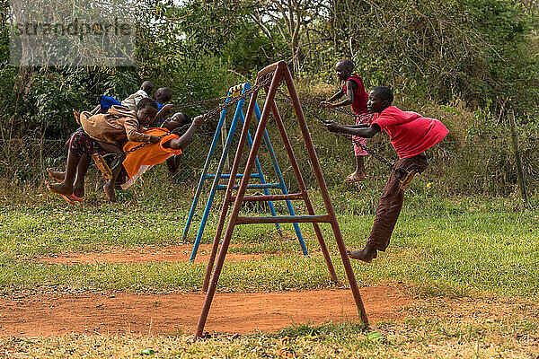 School kids swinging in the school yard  Ziwa  Uganda.