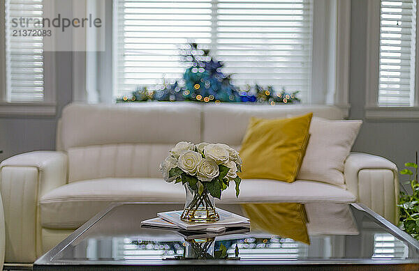 Beautiful home interior decor in a living room at Christmas time; Surrey  British Columbia  Canada