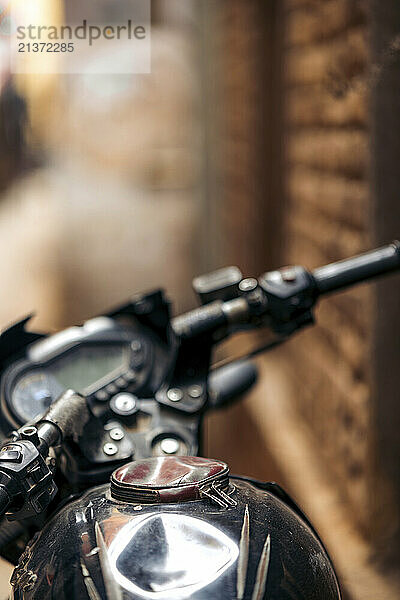 Close-up of a gas cap on a motorbike; Varanasi  Uttar Pradesh  India