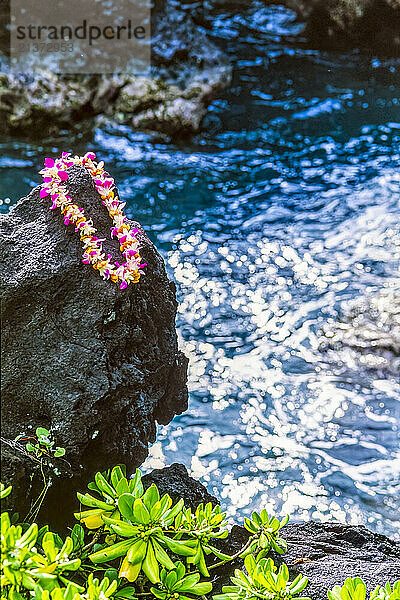 Flower lei on lava rock with ocean background  Hawaii  USA; Hawaii  United States of America